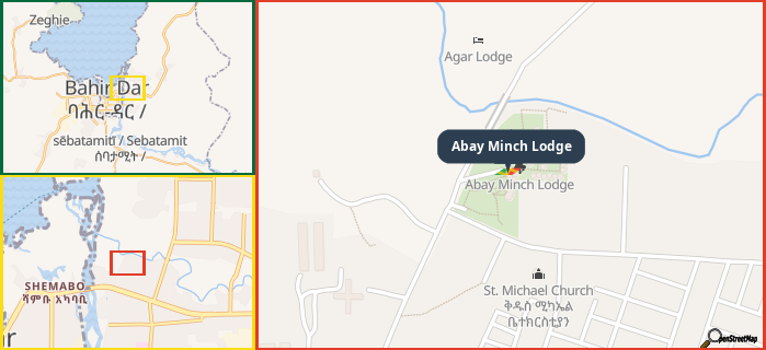 Map showing the address of Abay Minch Lodge in three different zoom levels.