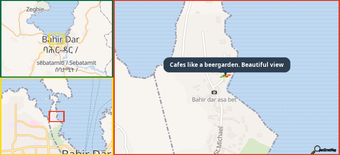 Map showing the address of Cafes like a beergarden. Beautiful view in three different zoom levels.