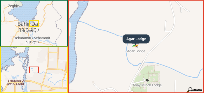 Map showing the address of Agar Lodge in three different zoom levels.