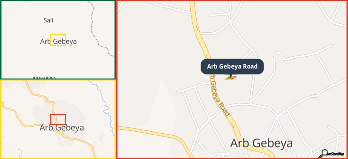 Map showing the address of Arb Gebeya Road in three different zoom levels.