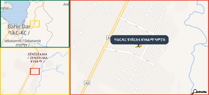 Map showing the address of ባህርዳር ዩንቨርስቲ ዘንዘልማ ካምፓስ in three different zoom levels.