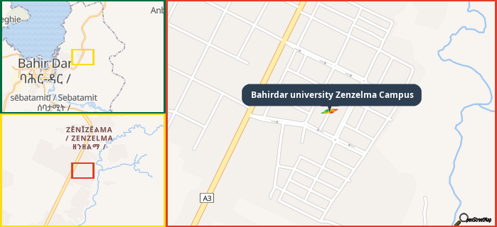 Map showing the address of Bahirdar university Zenzelma Campus in three different zoom levels.