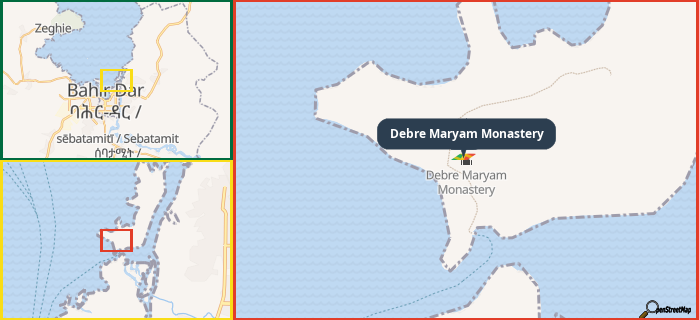 Map showing the address of Debre Maryam Monastery in three different zoom levels.