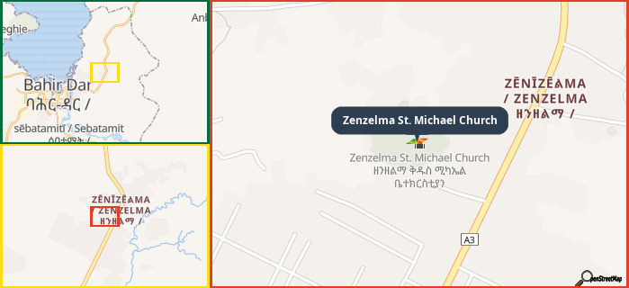 Map showing the address of Zenzelma St. Michael Church in three different zoom levels.