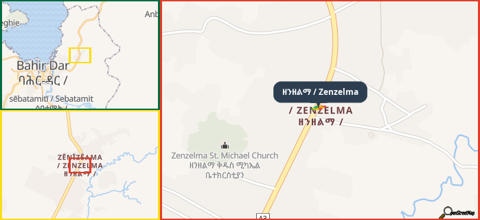 Map showing the address of ዘንዘልማ / Zenzelma in three different zoom levels.
