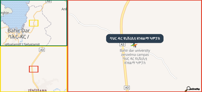 Map showing the address of ባህር ዳር ዩኒቨረሲቲ ዘንዘልማ ካምፓስ in three different zoom levels.