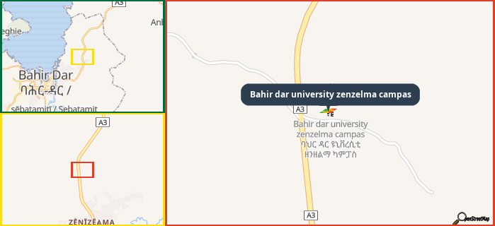 Map showing the address of Bahir dar university zenzelma campas in three different zoom levels.