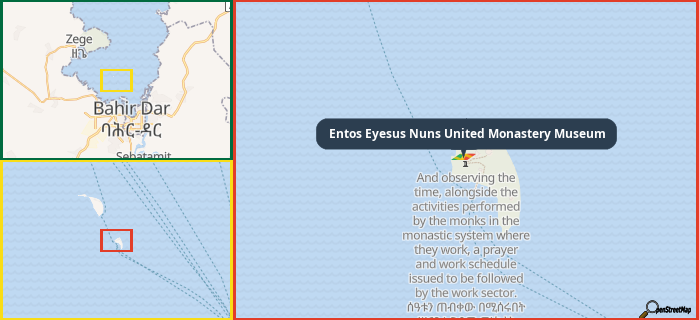 Map showing the address of Entos Eyesus Nuns United Monastery Museum in three different zoom levels.