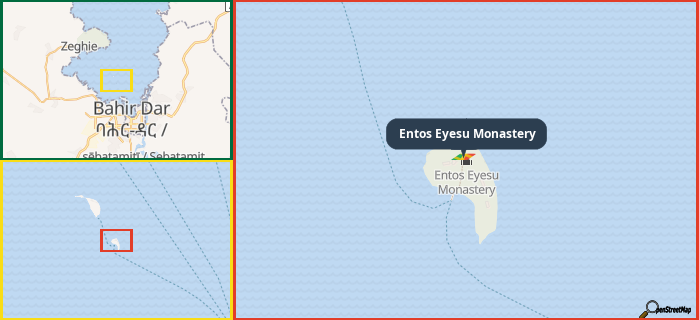 Map showing the address of Entos Eyesu Monastery in three different zoom levels.