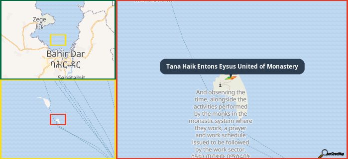 Map showing the address of Tana Haik Entons Eysus United of Monastery in three different zoom levels.