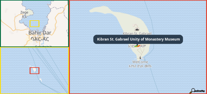 Map showing the address of Kibran St. Gabrael Unity of Monastery Museum in three different zoom levels.