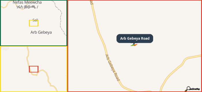 Map showing the address of Arb Gebeya Road in three different zoom levels.