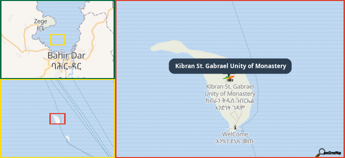Map showing the address of Kibran St. Gabrael Unity of Monastery in three different zoom levels.