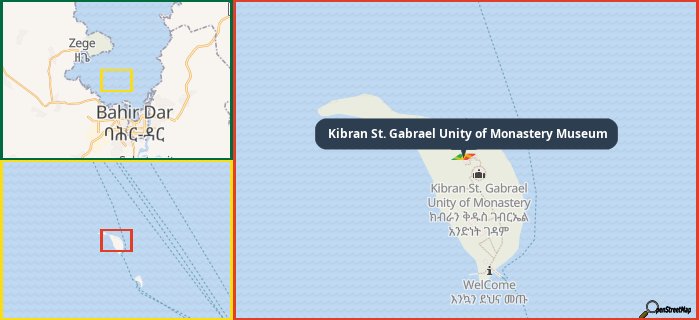 Map showing the address of Kibran St. Gabrael Unity of Monastery Museum in three different zoom levels.