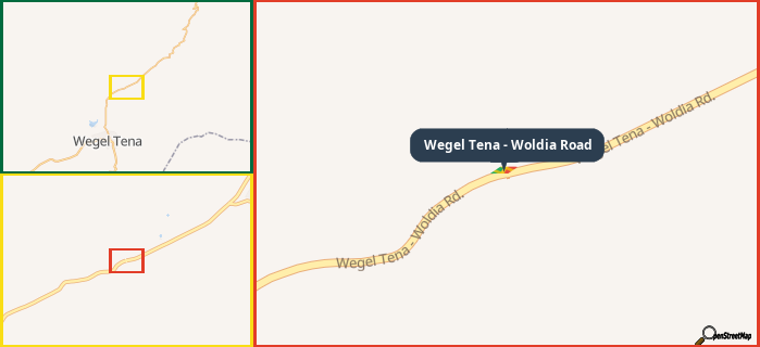 Map showing the address of Wegel Tena - Woldia Road in three different zoom levels.