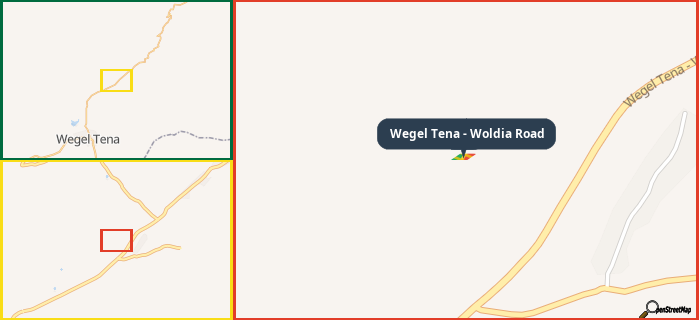 Map showing the address of Wegel Tena - Woldia Road in three different zoom levels.