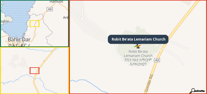 Map showing the address of Robit Be'ata Lemariam Church in three different zoom levels.