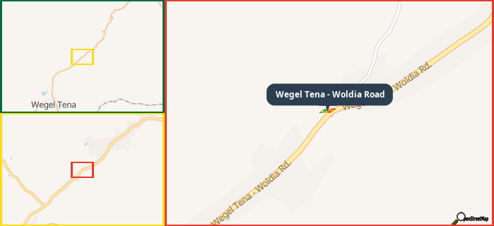 Map showing the address of Wegel Tena - Woldia Road in three different zoom levels.