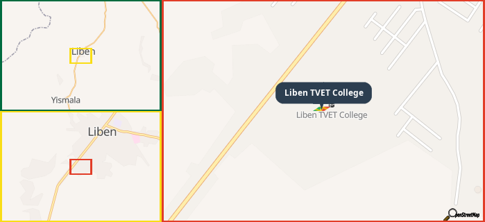Map showing the address of Liben TVET College in three different zoom levels.