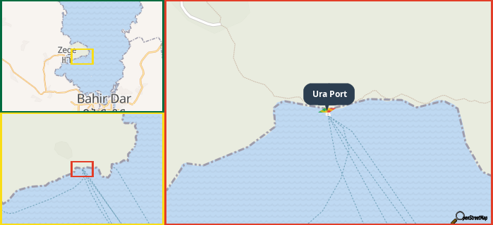 Map showing the address of Ura Port in three different zoom levels.