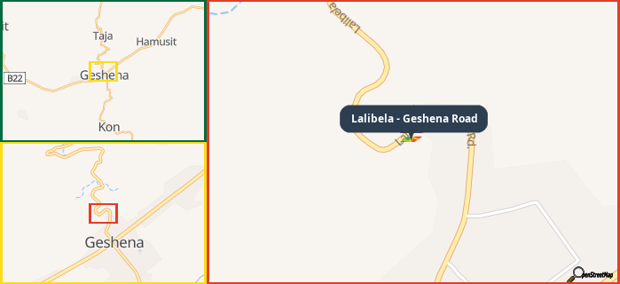 Map showing the address of Lalibela - Geshena Road in three different zoom levels.