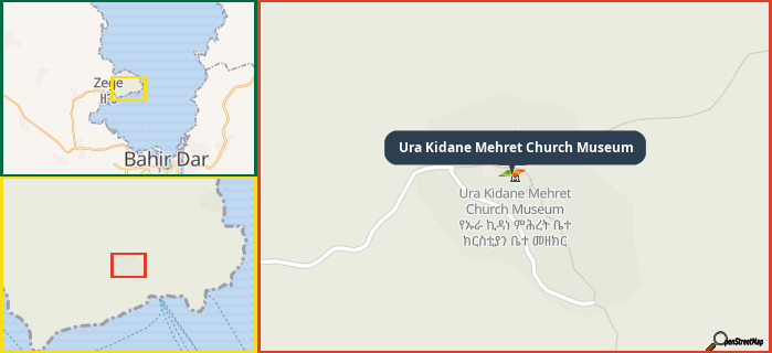 Map showing the address of Ura Kidane Mehret Church Museum in three different zoom levels.