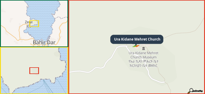 Map showing the address of Ura Kidane Mehret Church in three different zoom levels.