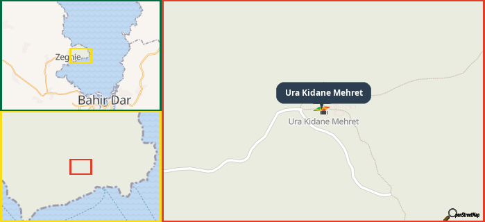 Map showing the address of Ura Kidane Mehret in three different zoom levels.
