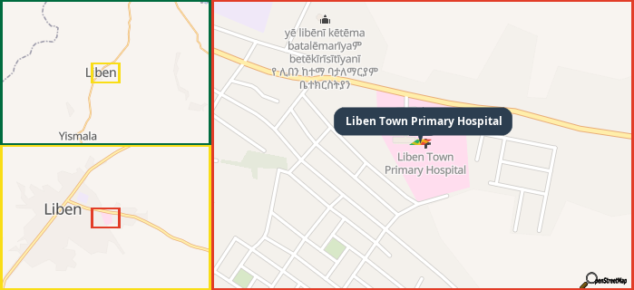 Map showing the address of Liben Town Primary Hospital in three different zoom levels.