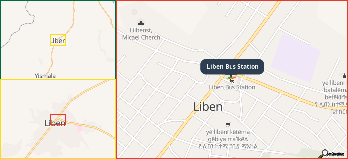 Map showing the address of Liben Bus Station in three different zoom levels.