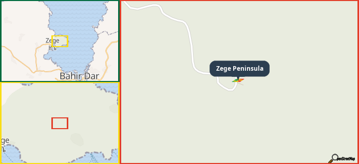 Map showing the address of Zege Peninsula in three different zoom levels.