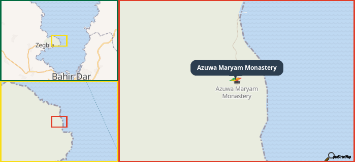 Map showing the address of Azuwa Maryam Monastery in three different zoom levels.