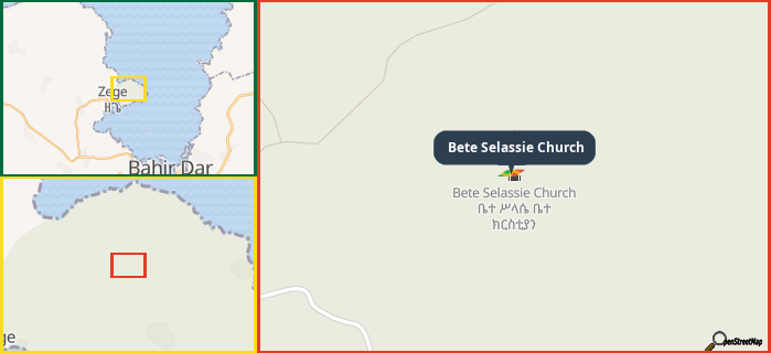 Map showing the address of Bete Selassie Church in three different zoom levels.
