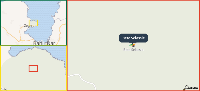 Map showing the address of Bete Selassie in three different zoom levels.