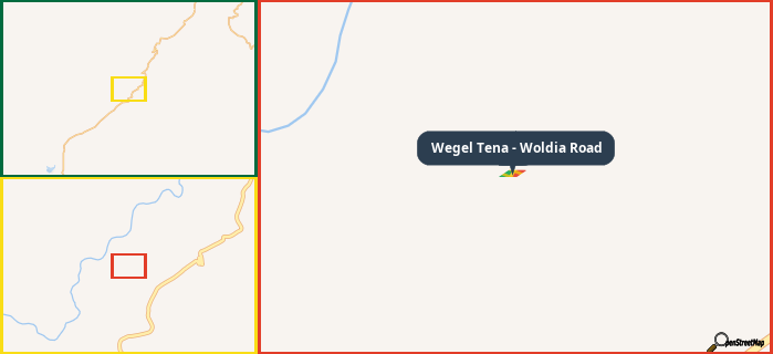 Map showing the address of Wegel Tena - Woldia Road in three different zoom levels.