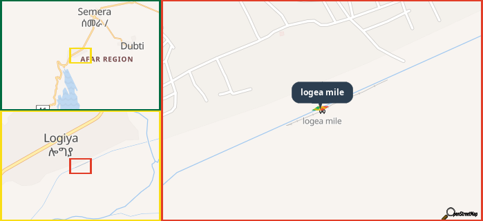 Map showing the address of logea mile in three different zoom levels.