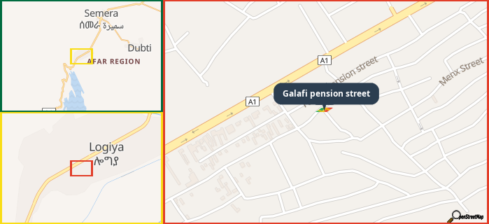 Map showing the address of Galafi pension street in three different zoom levels.