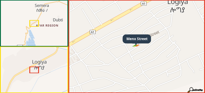 Map showing the address of Menx Street in three different zoom levels.