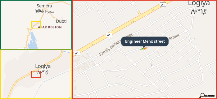 Map showing the address of Engineer Menx street in three different zoom levels.