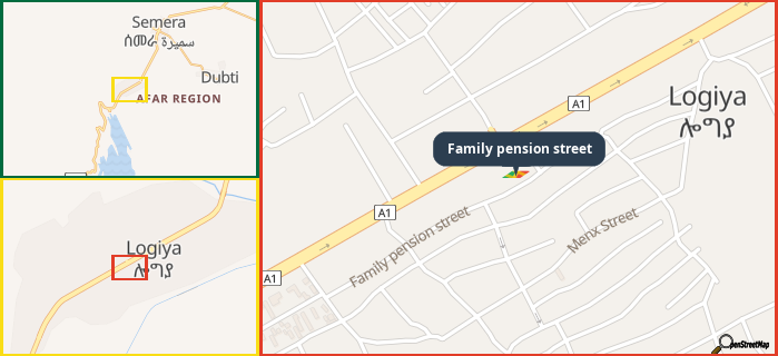 Map showing the address of Family pension street in three different zoom levels.