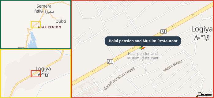 Map showing the address of Halal pension and Muslim Restaurant in three different zoom levels.