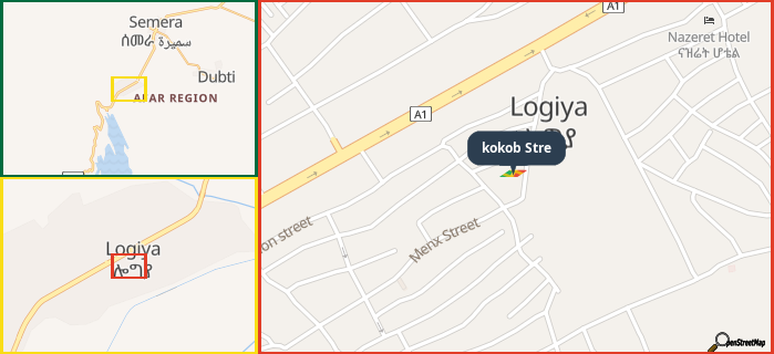 Map showing the address of kokob Stre in three different zoom levels.