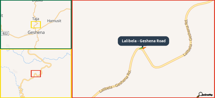 Map showing the address of Lalibela - Geshena Road in three different zoom levels.