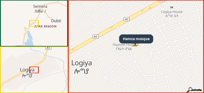 Map showing the address of Hamza mosque in three different zoom levels.