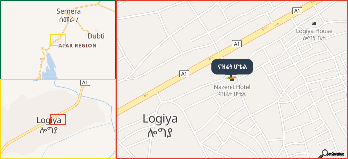 Map showing the address of ናዝሬት ሆቴል in three different zoom levels.