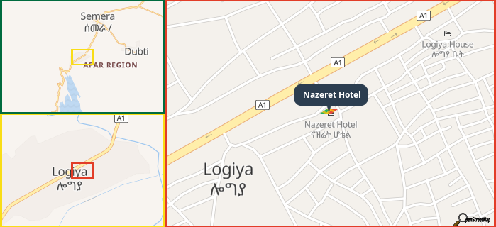 Map showing the address of Nazeret Hotel in three different zoom levels.
