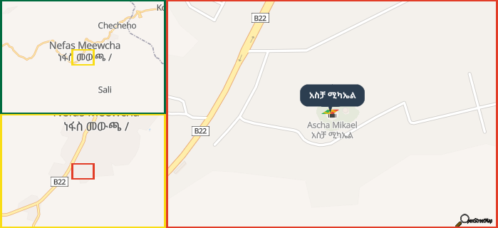Map showing the address of አስቻ ሚካኤል in three different zoom levels.