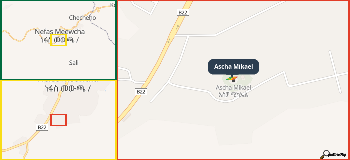 Map showing the address of Ascha Mikael in three different zoom levels.