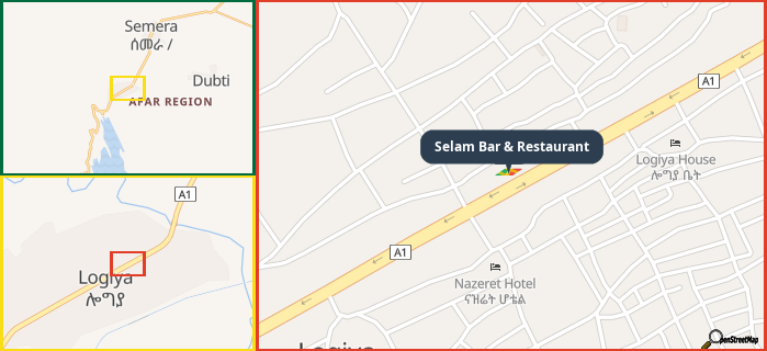Map showing the address of Selam Bar & Restaurant in three different zoom levels.