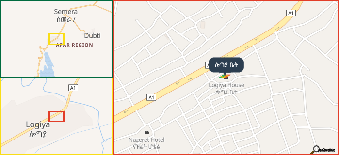 Map showing the address of ሎግያ ቤት in three different zoom levels.